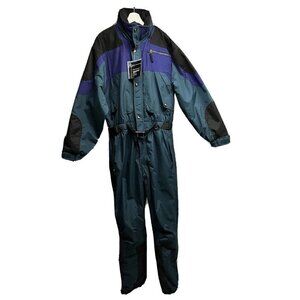 Raewiks Skiwear Vintage One Piece Colorblock Lined Hood Belt Snowsuit Large New